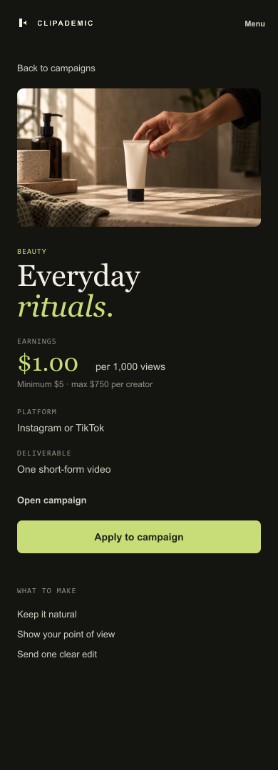 Mobile campaign detail screen with deliverable, platform, example rate, and apply button.