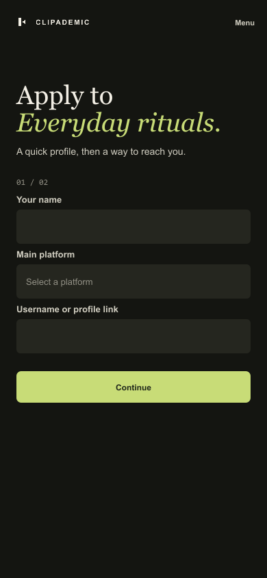 Mobile creator application form asking for name, platform, and profile link.