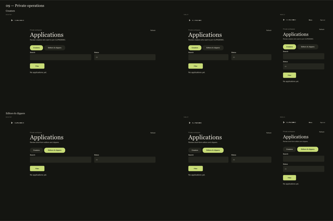 Responsive private applications screen with separate creator and editor or clipper review queues.