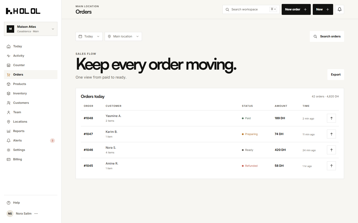 Holol orders page showing sample orders and paid, preparing, ready, and refunded statuses.
