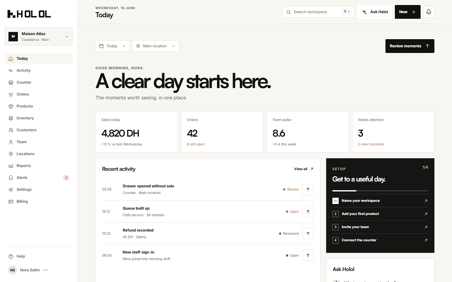 Holol Today dashboard with example sales, order totals, recent activity, and setup steps; sample data.
