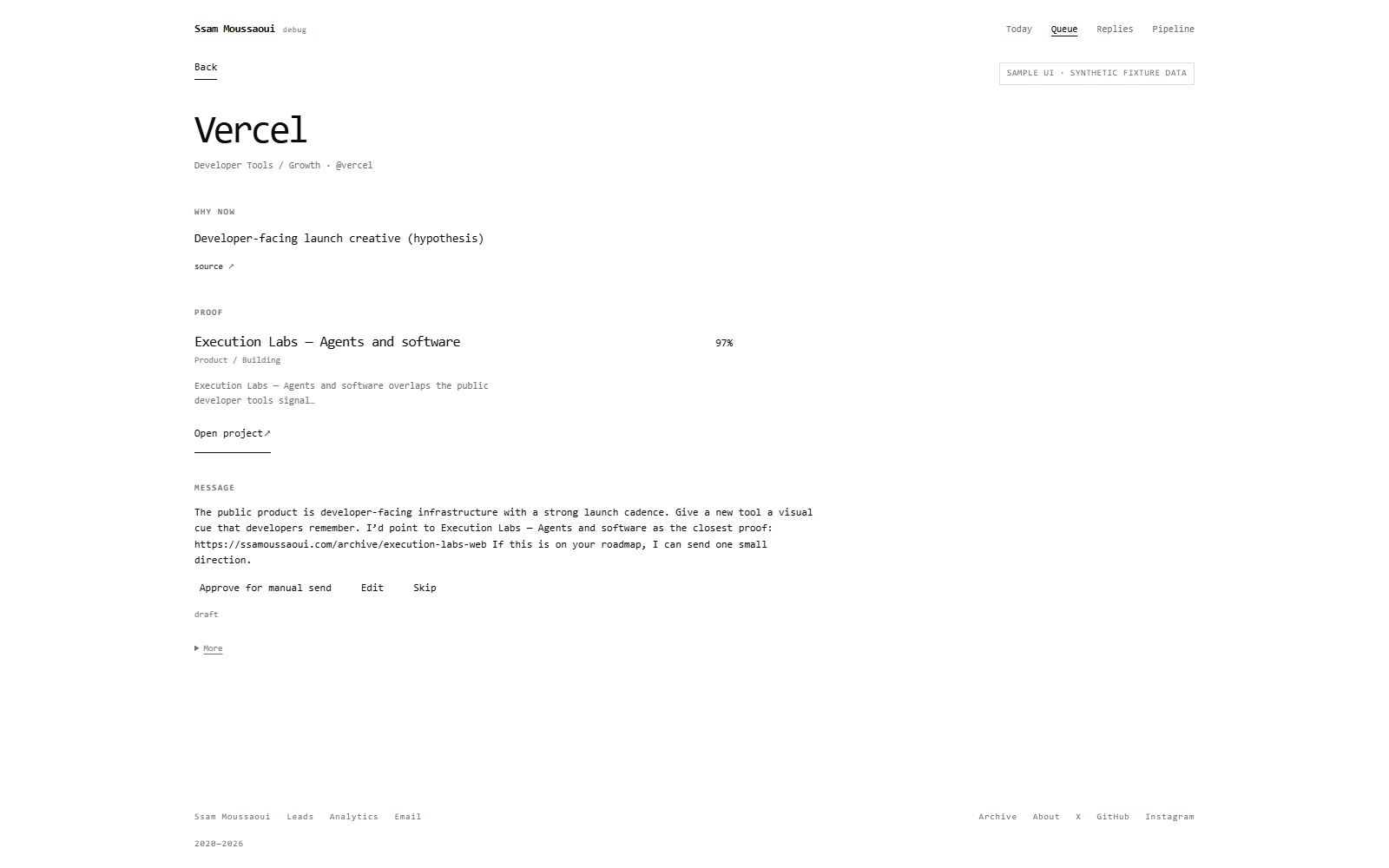 Ssam Outreach review screen showing a sample business signal, matching portfolio proof, and an unsent draft for human approval. Synthetic fixture data, not a real prospect or outcome.